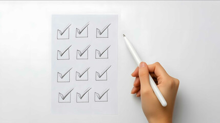 hand holding white pen checking right answer paper white background minimalistic style side view