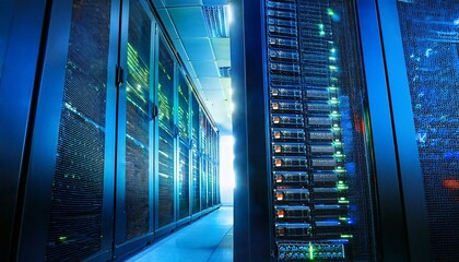 working data center servers blinking with blue and green lights
