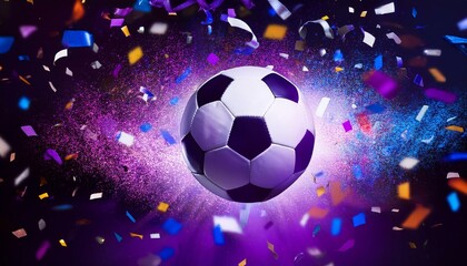 Naklejka premium purple and white soccer ball floating over colorful confetti in a celebratory scene with vibrant lighting