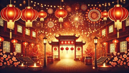 A creative wide-angle low shot capturing an intricate firework display forming geometric patterns in the night sky, set against a backdrop of glowing