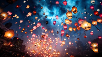 Colorful lanterns illuminate the night sky beautifully.