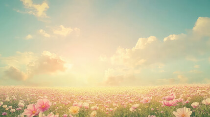 Fototapeta premium Serene Sunrise Over Colorful Flower Field Under Blue Sky