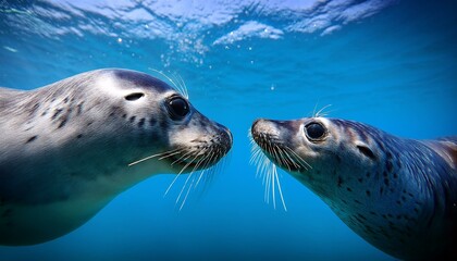Naklejka premium two curious seals face each other underwater showcasing their whiskers and expressive features against a vibrant blue background