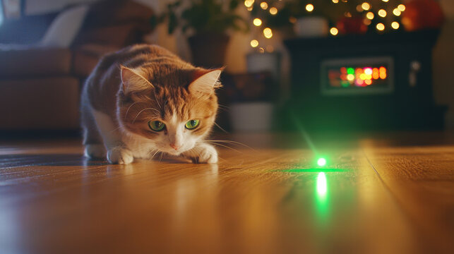 cat chasing laser pointer dot across wooden floor, playful and curious