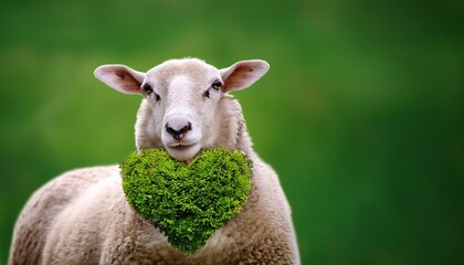 Obraz premium a sheep holds a heart shaped bush in front of it symbolizing love and nature against a vibrant green background