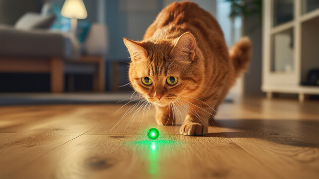 cat chasing green laser pointer dot across wooden floor, playful and focused