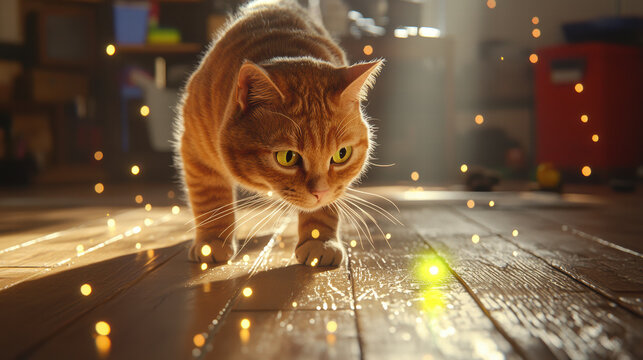 cat chasing laser pointer dot across wooden floor, playful and curious