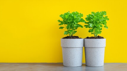 Bright Green Plants in Decorative Pots Against Vibrant Yellow Wall Background