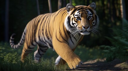 Fototapeta premium A tiger walking through a lush forest environment.