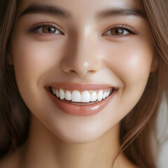 Obraz premium Beautiful smile asian woman age 25 yo very white bright and shine teeth show their ceramic veneer teeth glow and radiance neutral tone realistic photo