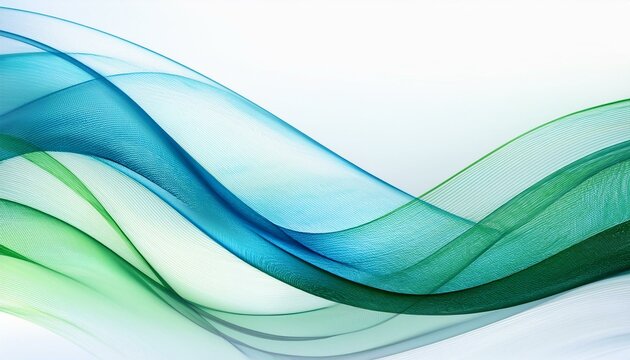 Abstract teal and green waves flow across a white background.