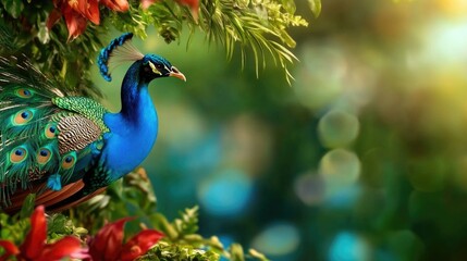 Obraz premium Vibrant peacock in lush greenery with colorful plumage