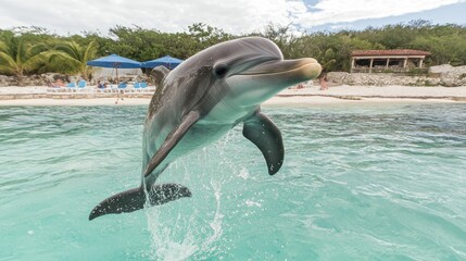 Playful dolphin leaping in crystal clear ocean waters near tropical beach