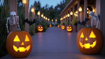 Fototapeta premium Halloween decorations with pumpkins, skeletons, and bats.