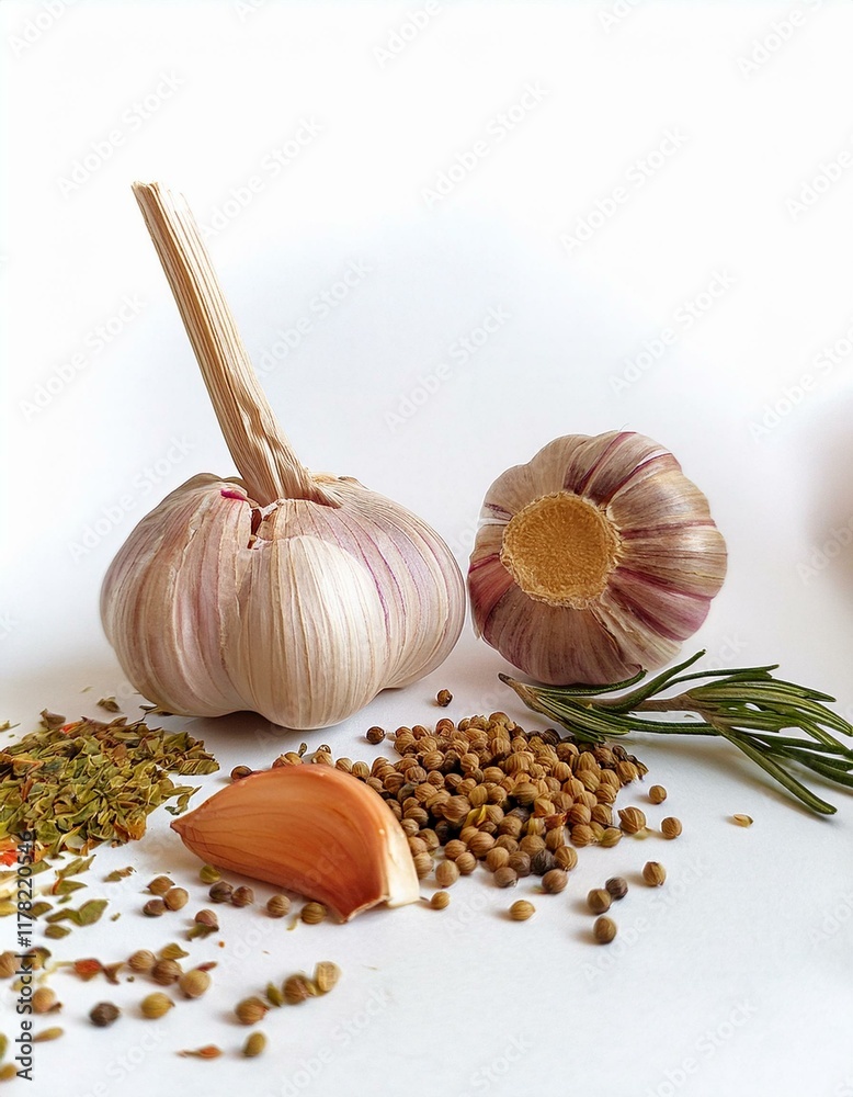 Wall mural Garlic, coriander, and herbs on white background. Aromatic spices for cooking.