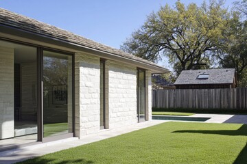 Obraz premium Modern architectural design showcases a spacious backyard with lush green grass and sleek glass walls in a serene suburban neighborhood during sunny daylight
