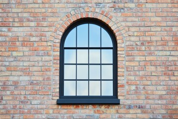 Fototapeta premium Elegant arched window framed by rustic brick wall showcasing modern design with a classic touch, capturing the essence of architecture and style in natural light