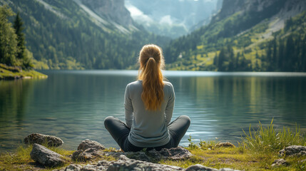 Fototapeta premium Woman Disconnecting and Embracing Nature by the Lake