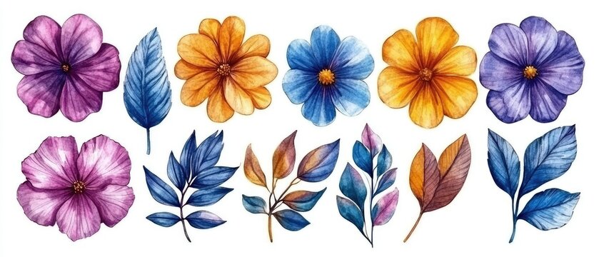 Watercolor flowers and leaves set on white background for design