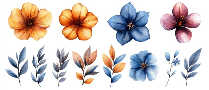 Watercolor floral set with blue, orange, and purple flowers and leaves on a white background