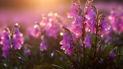 Naklejka premium Morning Dew on Delicate Blooms of Heather Flowers: A Symbol of Scottish Wilderness