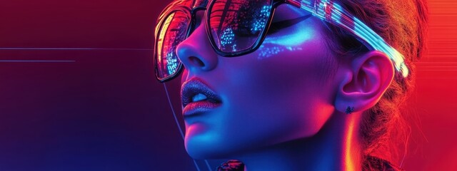 cyberpunk portrait, bald woman, neon lighting, blue and red gradient background, futuristic sunglasses, leather jacket, dramatic shadows, high contrast, 80s retro aesthetic, cinematic, hyper-realistic