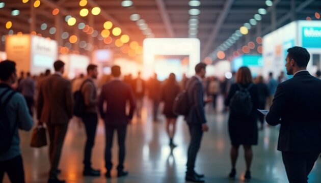 Business people mingle at busy trade show. Silhouettes of professionals navigate large hall filled with bright lights, exhibition booths. Event noisy with activity. Indoor venue hosts many visitors.