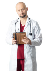 Confident male doctor in white coat holding a leather notebook and wearing a stethoscope