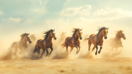 A herd of wild horses running through a vast desert, their manes blending into abstract trails of dust and wind, symbolizing untamed energy. 