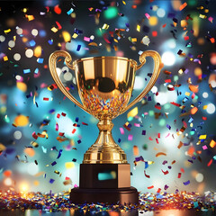celebration banner with image of confetti and trophy