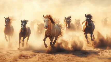 A herd of wild horses running through a vast desert, their manes blending into abstract trails of dust and wind, symbolizing untamed energy.  