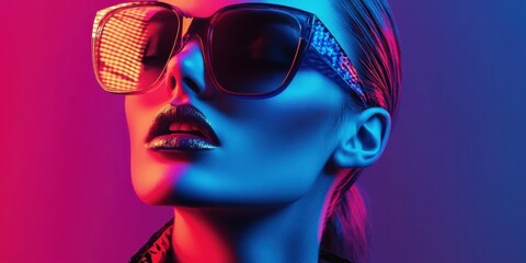 Fototapeta premium cyberpunk portrait, bald woman, neon lighting, blue and red gradient background, futuristic sunglasses, leather jacket, dramatic shadows, high contrast, 80s retro aesthetic, cinematic, hyper-realistic