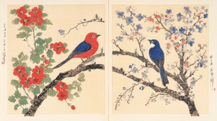 Vibrant Birds on Branches with Blossoms and Colorful Flowers
