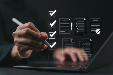 Digital form checklist, Online survey concept. Women interacts with digital form checklist on...