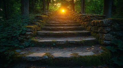 Stone Steps Leading Through A Sunlit Forest