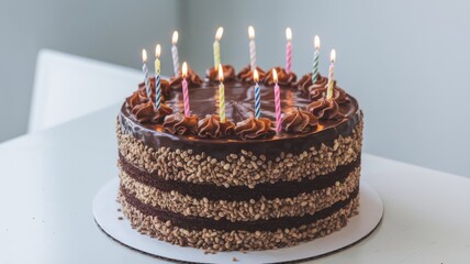 Celebratory Chocolate Cake with 10 Candles on a White Surface