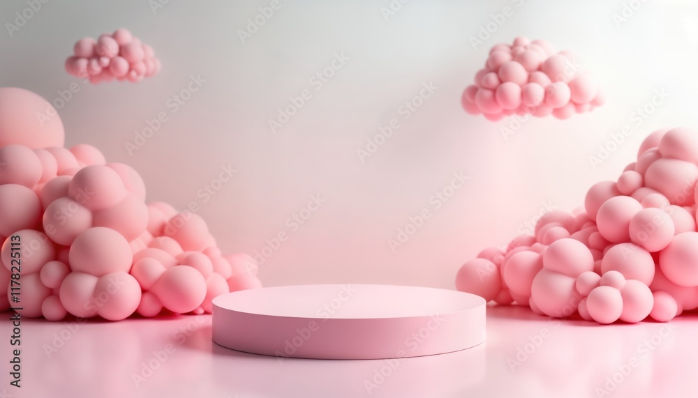Poster pink podium with pastel-colored clouds. minimalist aesthetic. empty platform for product display. tr