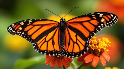 Fototapeta premium Monarch butterfly perched on orange flower.