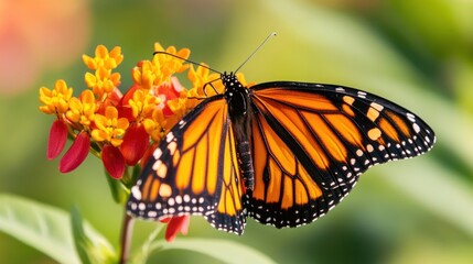 Fototapeta premium Monarch butterfly perched on vibrant orange flower.