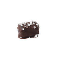 One tasty chocolate candy with salt isolated on white