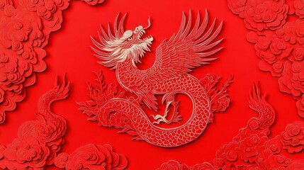Intricate Red Dragon Design Against Vibrant Red Background