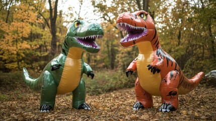 A T-Rex inflatable dinosaur at an outdoor birthday party. A dinosaur themed kids birthday party on a crisp fall day.