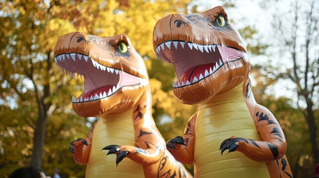 A T-Rex inflatable dinosaur at an outdoor birthday party. A dinosaur themed kids birthday party on a crisp fall day.