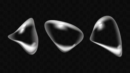 Transparent liquid forms water drops isolated set. Effect of refraction of light. Realistic volumetric drops. Banner and flyer design. Vector illustration.