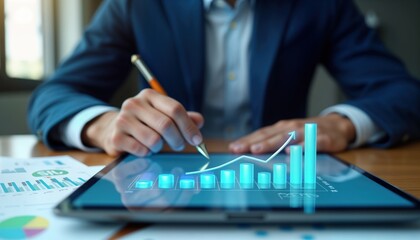 Businessman uses digital tablet to analyze business performance data. Growth graph shows increased quality, decreased costs. Business strategy, project management key concepts. Modern business, tech