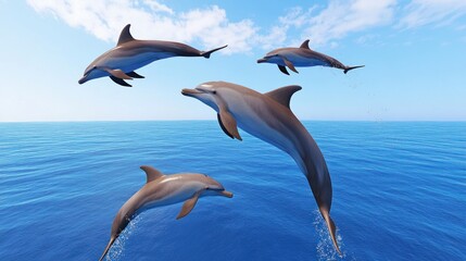 Obraz premium Dolphins leaping above a vibrant blue ocean surface.
