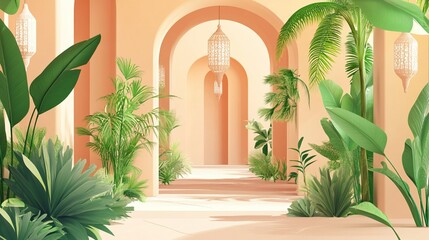 Elegant archway with lanterns and lush greenery in bright courtyard celebrating ramadan kareem with tranquility and serenity