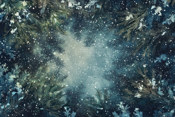 Obraz premium A serene winter woodland scene with snowflakes gently falling through pine trees
