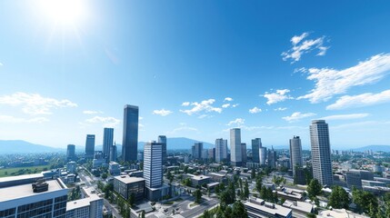 Fototapeta premium A panoramic cityscape under a clear blue sky with modern buildings.