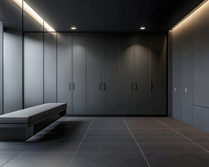 Interior View: Dark Grey Room with Floating Bench and Cabinetry